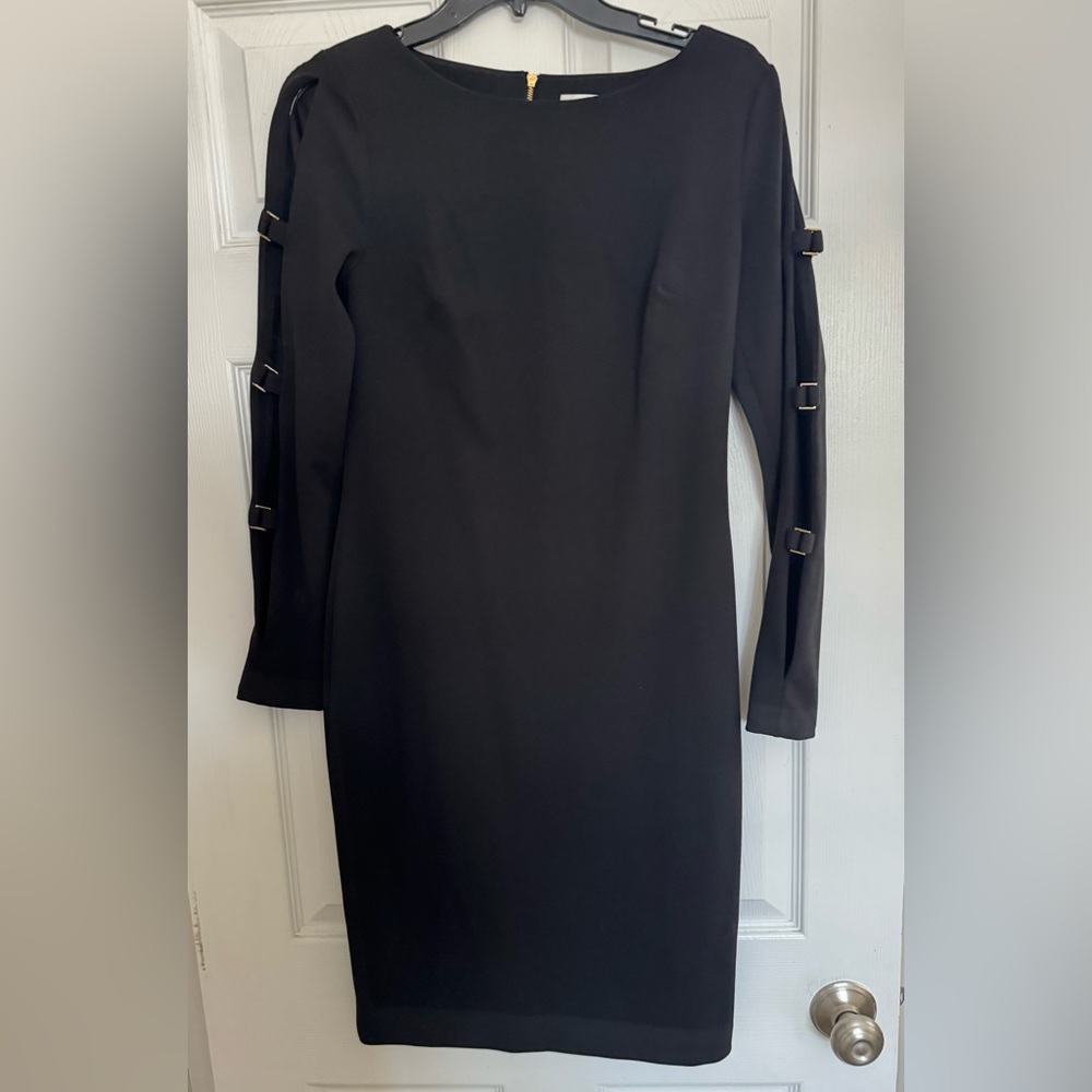 Calvin Klein Black Long Sleeve Dress with Buckle Accents